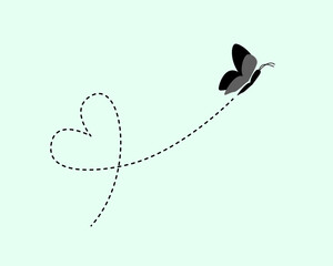 Dashed lines path of a flying butterfly. Vector illustration of a flying insect with a heart formed by a path of lines