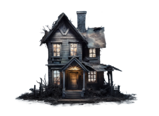abandoned dilapidated house mansion for halloween, png file of isolated cutout object on transparent background.