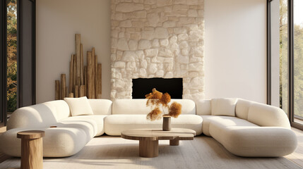 Generative AI, White cozy soft sofa. Interior design of living room, warm minimalism, wabi sabi style