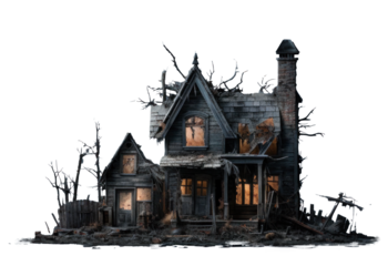 abandoned dilapidated house mansion for halloween, png file of isolated cutout object on transparent background.