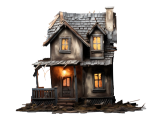 abandoned dilapidated house mansion for halloween, png file of isolated cutout object on transparent background.
