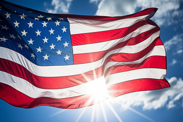 Obraz premium A close-up of the American flag against a brilliant blue sky