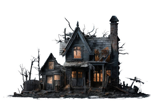 abandoned dilapidated house mansion for halloween, png file of isolated cutout object on transparent background.