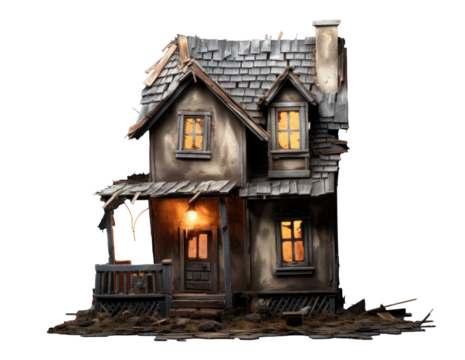 abandoned dilapidated house mansion for halloween, png file of isolated cutout object on transparent background.