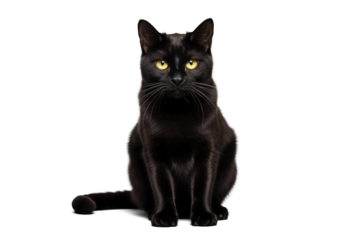 sitting black cat, png file of isolated cutout object with shadow on transparent background.