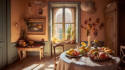 Fototapeta premium A table with a bowl of fruit on it