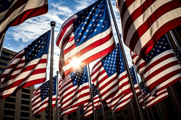 A grand display of patriotism: the American flag suspended from towering flagpoles