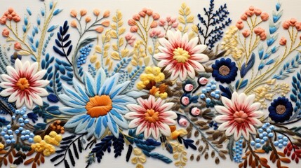 A close up of a embroidery of a bunch of flowers