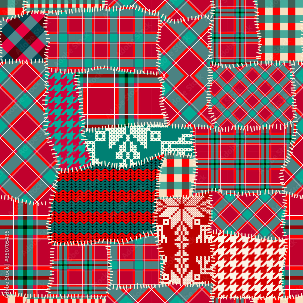 Aufkleber patchwork textile pattern. seamless quilting design background. merry christmas cozy pattern.