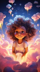 Fototapeta premium A young girl sitting on a cloud in the sky
