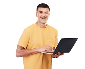 Face, happy man and laptop portrait for education, university and learning on transparent png...