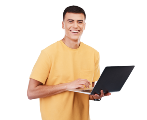 Face, happy man and laptop portrait for education, university and learning on transparent png background. Internet, student and person with tech for research and information to study at college