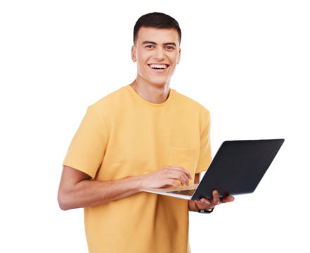 Face, happy man and laptop portrait for education, university and learning on transparent png background. Internet, student and person with tech for research and information to study at college