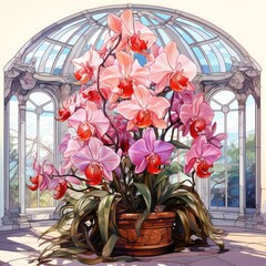 Exquisite orchids bloom in the conservatory in cartoon style