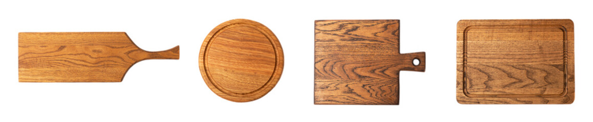 Wooden cutting board isolated on white background. Set of cutting boards in collage. Wooden kitchen board. Design.MOCKUP. Kitchenware.