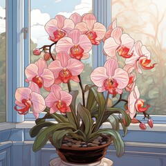 Exquisite orchids bloom in the conservatory in cartoon style