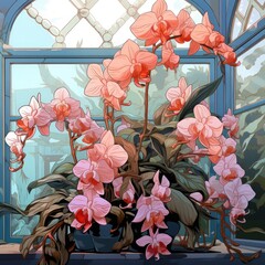 Exquisite orchids bloom in the conservatory in cartoon style