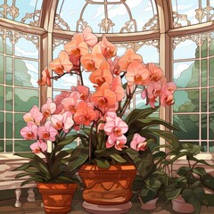 Exquisite orchids bloom in the conservatory in cartoon style