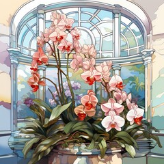 Exquisite orchids bloom in the conservatory in cartoon style