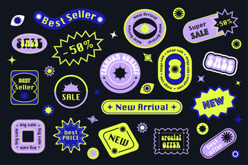 Sale groovy stickers, discount tags, label patches.  Cool y2k acid vector illustration of 70s, 80s, 90s graphic design 