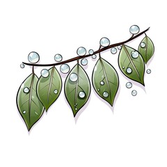 Glistening dewdrops cling to the leaves in cartoon style on a white background