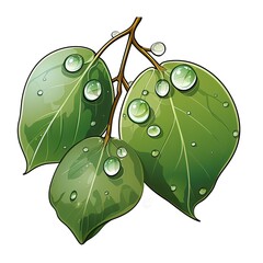 Glistening dewdrops cling to the leaves in cartoon style on a white background