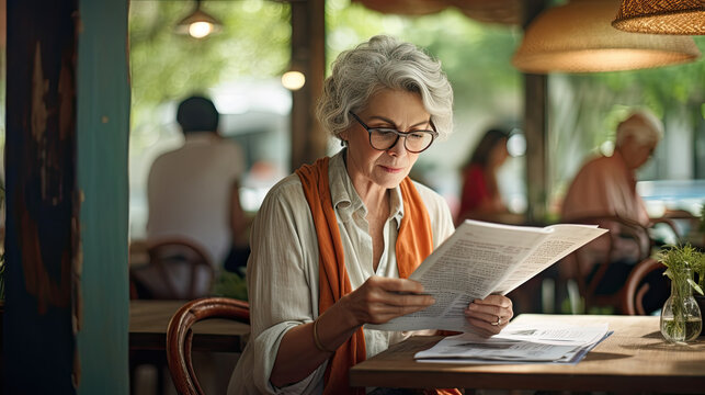 Elegant senior woman spending time at outdoor cafe