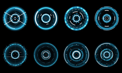 Set of sci fi blue white circle user interface elements technology futuristic design modern creative on black background vector - 650707804