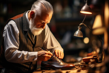 Naklejka premium An elderly shoemaker at work in a workshop
