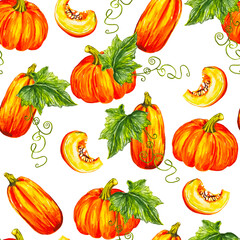 Watercolor seamless pattern with pumpkins and leaves hand drawn background illustration