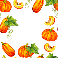 Watercolor illustration autumn orange decorative  frame with leaves and pumpkins for textile, napkins, other decorations	
