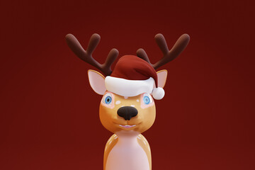 Cute cartoon Deer with gift in Santa hat. 3d render