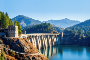 Panoramic view of Dam at reservoir with flowing water. Hydroelectricity power station on beautiful landscape background with mountains, lake and forest. Copy space - obrazy, fototapety, plakaty