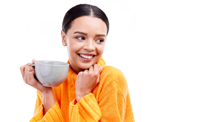 Coffee, cup and person happy, thinking and smile for morning latte, hot chocolate or warm beverage. Brainstorming promo, relax or commercial woman with tea mug isolated on transparent, png background