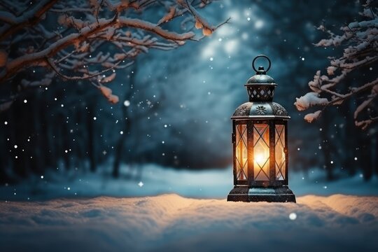 Christmas lantern glowing at night closeup, blur snowy forest landscape