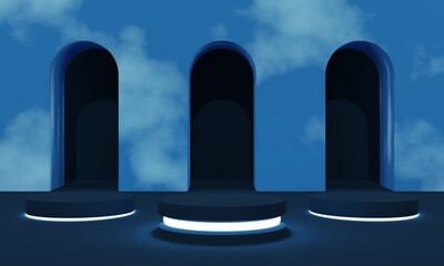 Minimal podium with arch. Podium in 3D Minimalist abstract background, for cosmetic or product display. Pastel colors, 3d render.