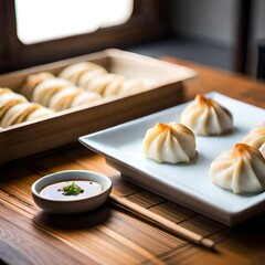 Dumplings on table with sauce- Generated AI