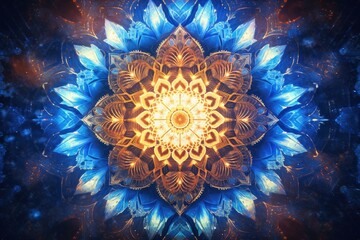 A blue and yellow mystical mandala on a black background