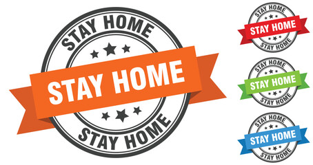 stay home stamp. round band sign set. label