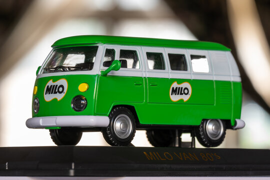 Kuala Lumpur, Malaysia - September 22, 2023: Green MILO mini vans for collection. Selective focus.