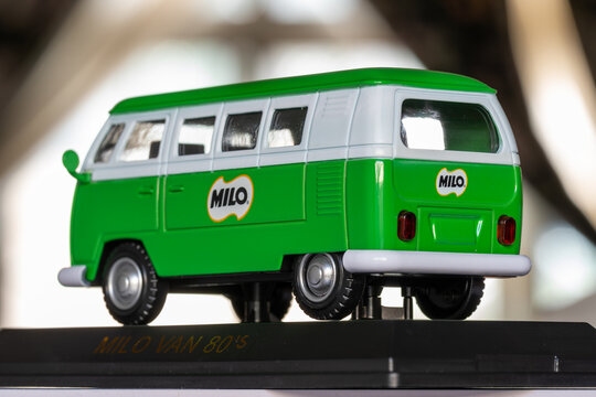 Kuala Lumpur, Malaysia - September 22, 2023: Green MILO mini vans for collection. Selective focus.