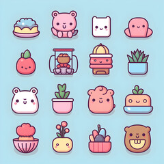 Set of Cute Kawaii Cartoon Decorative Illustrations