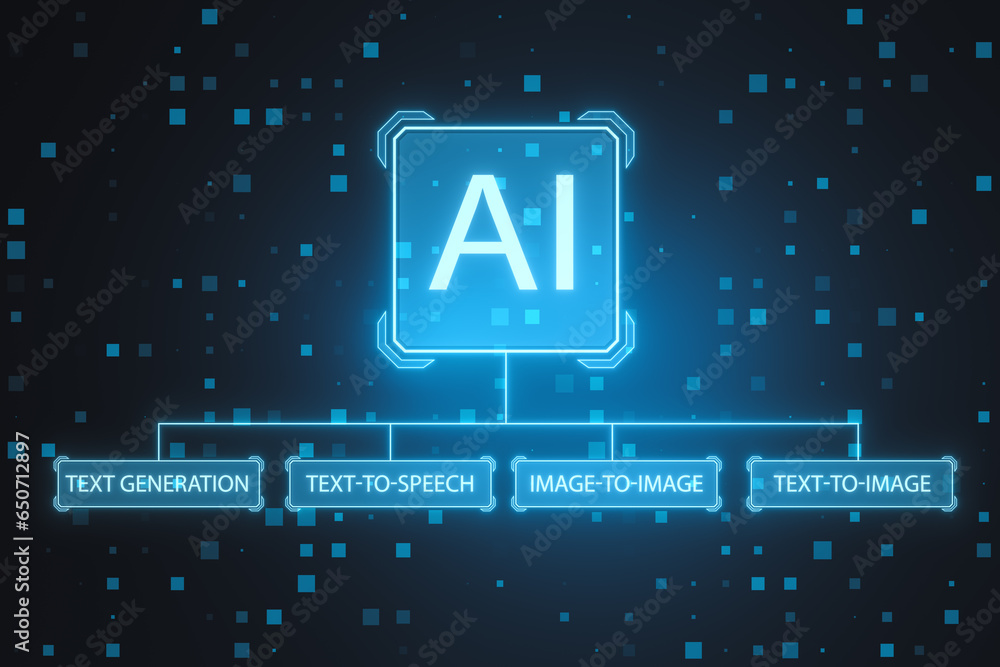 Poster Creative AI interface on blurry background. Artificial intelligence, innovation and robotics concept. 3D Rendering.