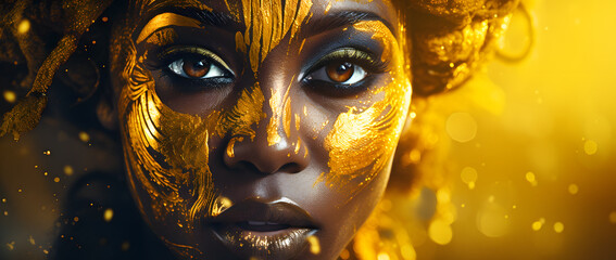 Beautiful African black fashionable woman with the golden makeup isolated on dark sperkling background - obrazy, fototapety, plakaty