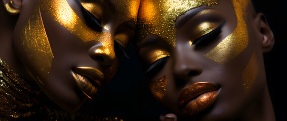 Beautiful African black fashionable  women with the golden makeup isolated on dark sperkling background