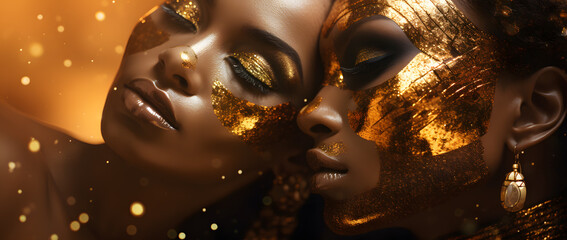 Beautiful African black fashionable  women with the golden makeup isolated on dark sperkling background - obrazy, fototapety, plakaty