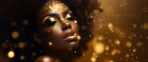Beautiful African black fashionable woman with the golden makeup isolated on dark sperkling background - obrazy, fototapety, plakaty