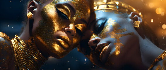 Beautiful African black fashionable  women with the golden makeup isolated on dark sperkling background - obrazy, fototapety, plakaty
