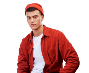 College student, portrait and man with streetwear, fashion and style of gen z on transparent, isolated or png background. Serious, face and person with cool, confidence or casual pose in university