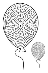 Vector black lines for maze print. Balloon maze for kids with a solution in black and white